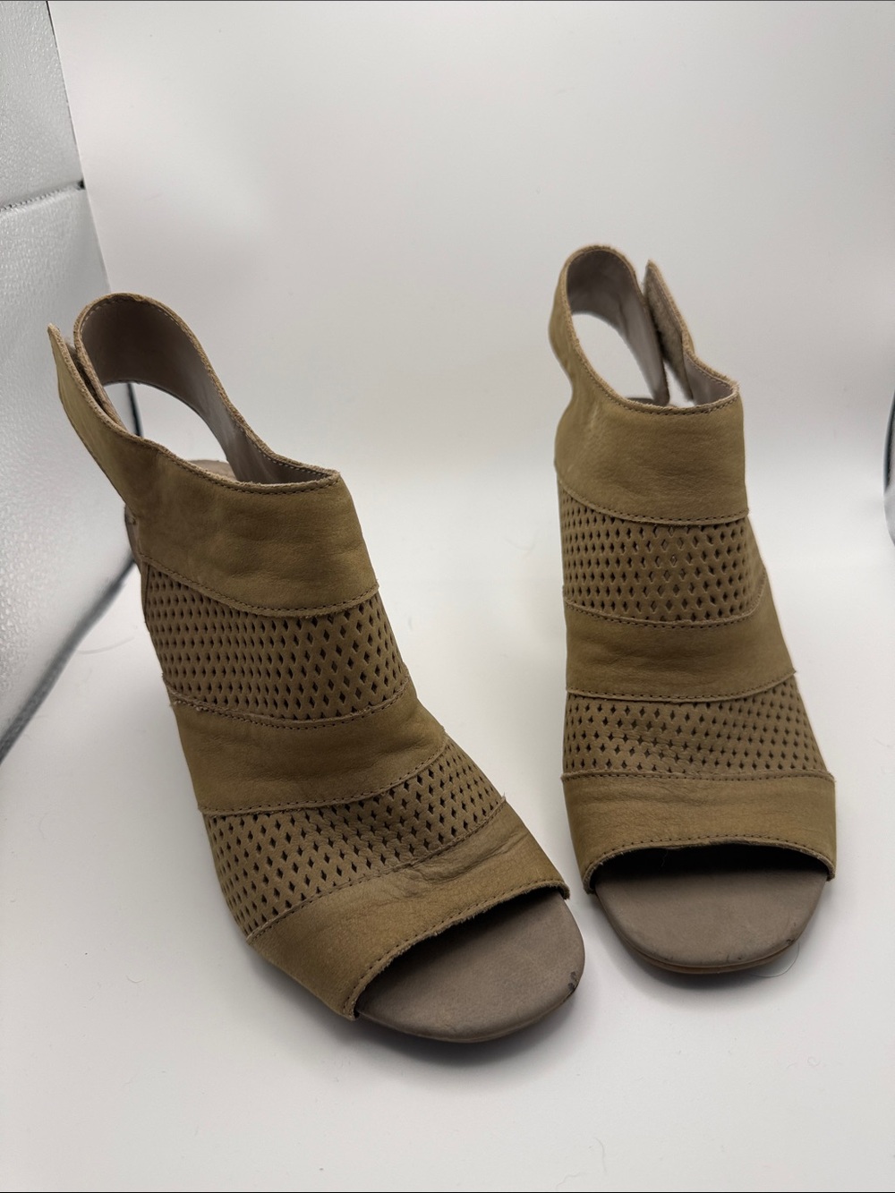 Franco Sarto Tan Perforated Open-Toe Leather Heels
